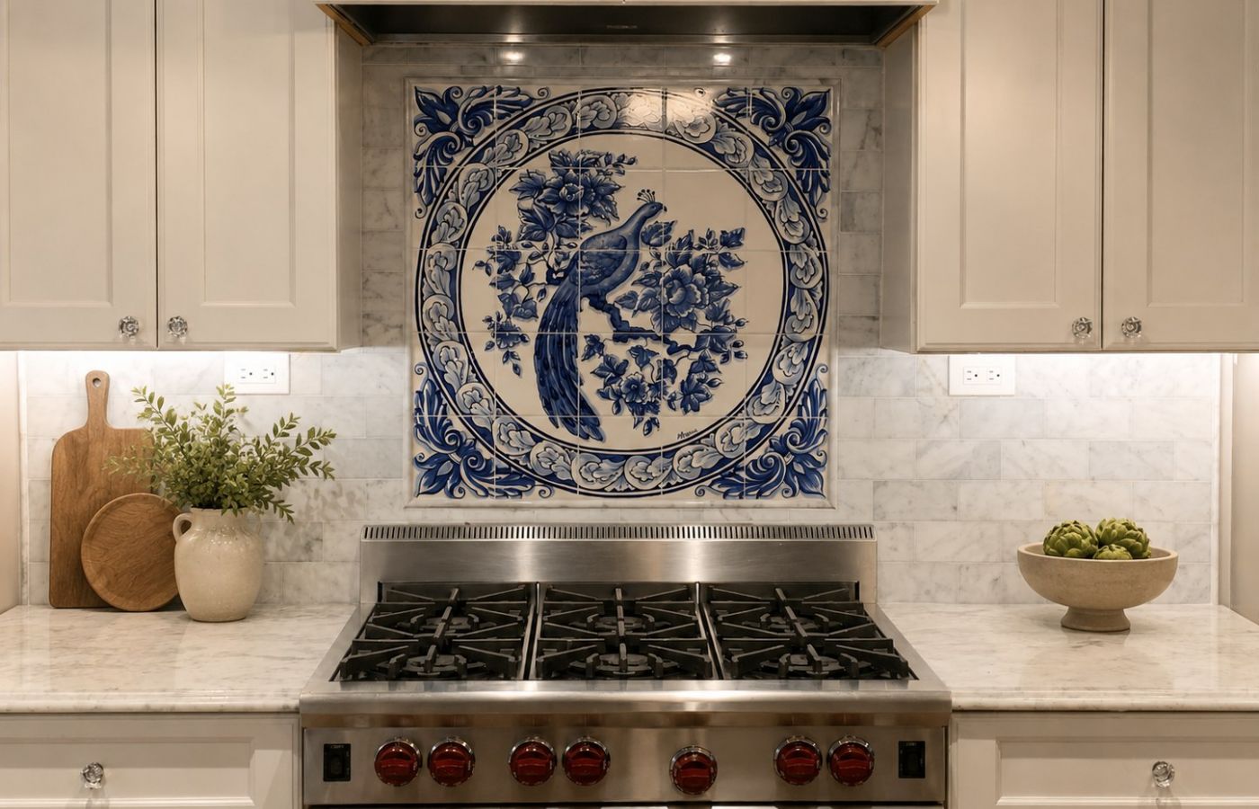Custom blue peacock tile backsplash above a kitchen range in Orlando
