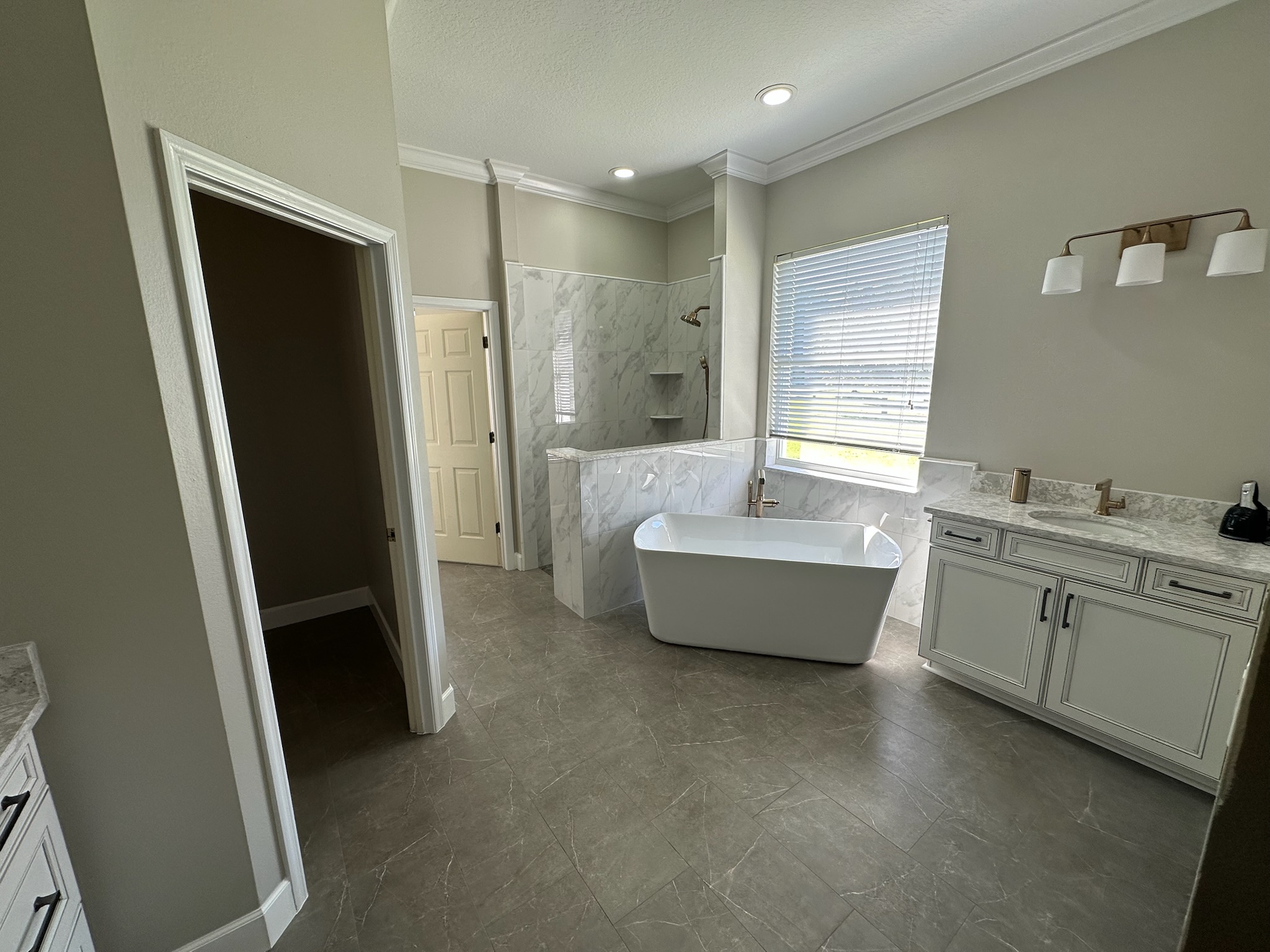 Dark Accent Shower with a Freestanding Tub.