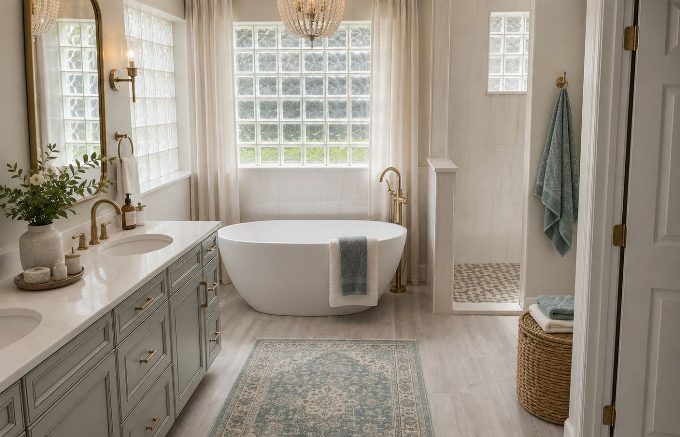 Light-filled bathroom remodel with a freestanding tub, tiled walk-in shower, and glass block windows.