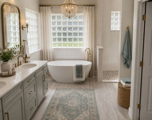Light-filled bathroom remodel with a freestanding tub, tiled walk-in shower, and glass block windows.