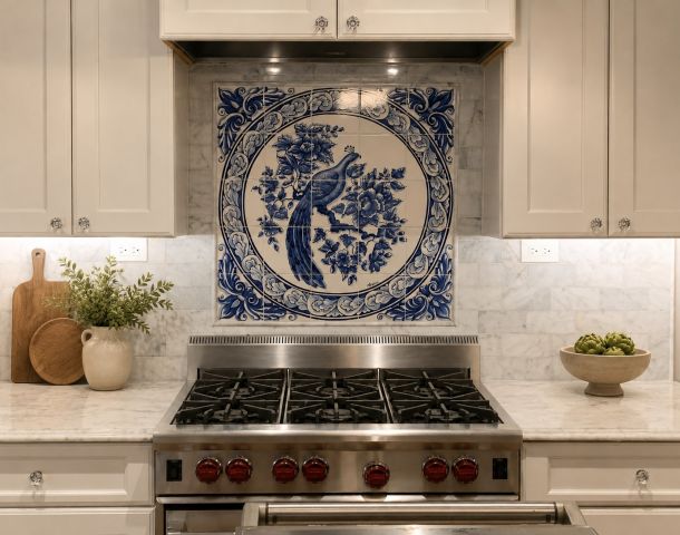 Custom blue peacock tile backsplash above a kitchen range in Orlando
