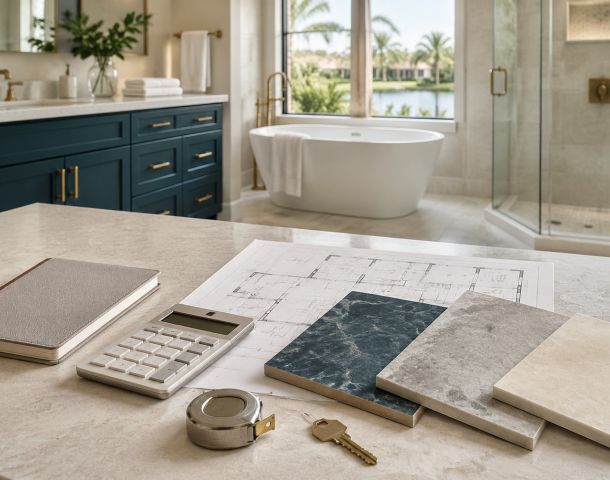 Luxury bathroom renovation with tile samples, blue vanity, freestanding tub and glass shower
